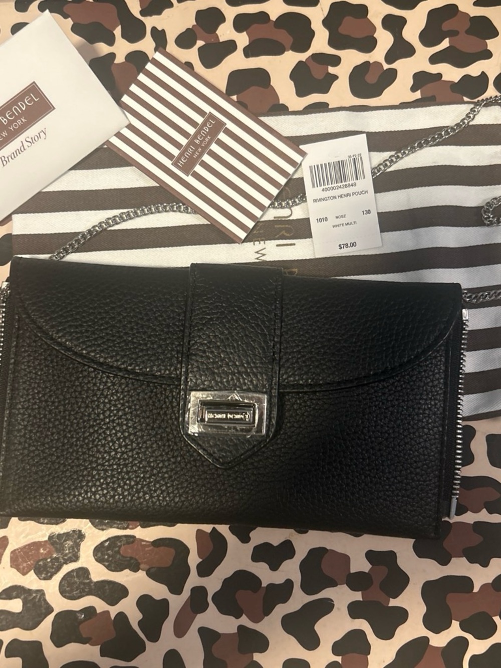 Henri Bendel Black Pebbled Leather Chain Wallet with Silver Hardware